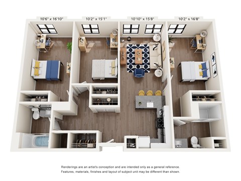 Floor plan for 3 beds, 2 baths, 1322 sqft